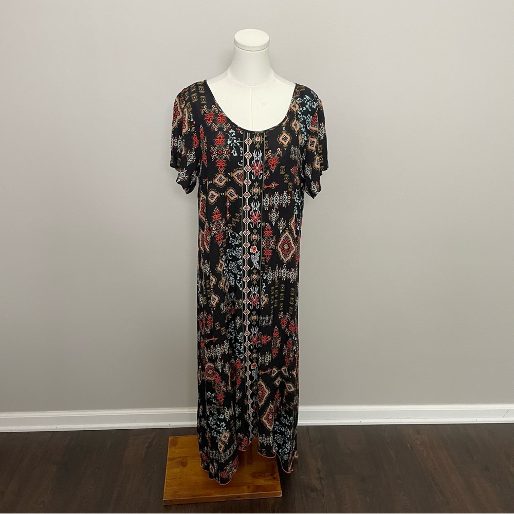 Coldwater Creek Maxi Dress Boho Bohemian Artsy Lagenlook Embroidered Black Red